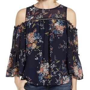 Lucky Brand Navy Cold Shoulder Chiffon Blouse XL